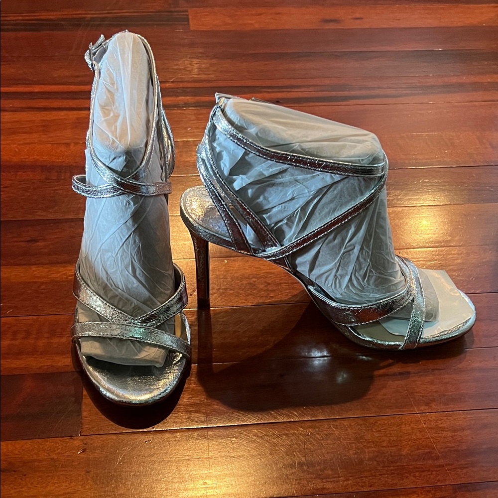 ANTONIO MELANI Metallic Silver Strappy High Heel Sandals
